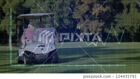 Image of digital data processing over caucasian golf players in caddy on golf course Image of digital data processing over caucasian golf players in caddy on golf course 124435791