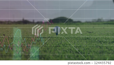 Image of digital data processing over golf ball being hit on golf course 124435792