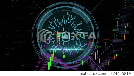 Image of padlock icon and data processing over black background Image of padlock icon and data processing over black background 124435819