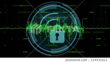 Image of padlock icon and data processing over black background Image of padlock icon and data processing over black background 124435821
