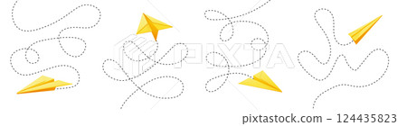Paper planes fly along dotted line paths. Paper planes fly along dotted line paths. 124435823