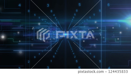 Image of data processing over blue neon shapes Image of data processing over blue neon shapes 124435833