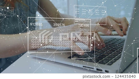 Image of data processing over caucasian businesswoman working in office 124435840