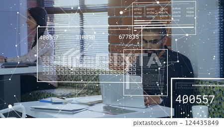 Image of data processing over diverse colleagues working in office Image of data processing over diverse colleagues working in office 124435849