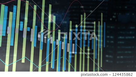 Image of financial data processing over dark cityscape Image of financial data processing over dark cityscape 124435862