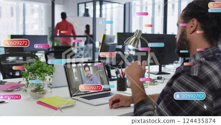 Image call with data processing image over office workspace Image call with data processing image over office workspace 124435874