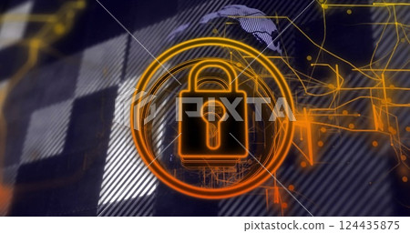 Lock and key security icon image over digital network background Lock and key security icon image over digital network background 124435875