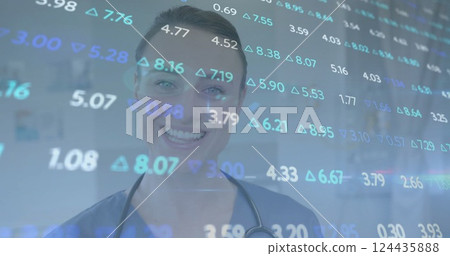 Image of data processing over smiling caucasian female doctor Image of data processing over smiling caucasian female doctor 124435888