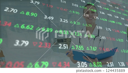 Image of data processing over caucasian female doctor Image of data processing over caucasian female doctor 124435889