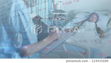 Image of data processing over smiling caucasian female doctor with girl patient Image of data processing over smiling caucasian female doctor with girl patient 124435890