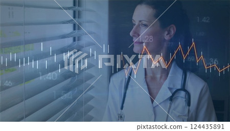 Image of data processing over caucasian female doctor Image of data processing over caucasian female doctor 124435891