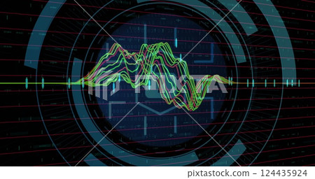 Image of padlock, digital data processing over scope scanning on dark background 124435924