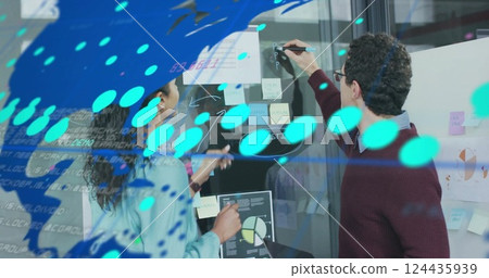 Image of financial data processing over diverse business people in office 124435939