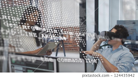 Image of financial data processing over diverse business people in office 124435942