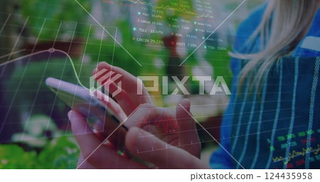 Image of financial data processing over caucasian woman using smartphone 124435958