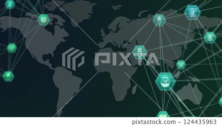Image of network of connections with icons over world map Image of network of connections with icons over world map 124435963