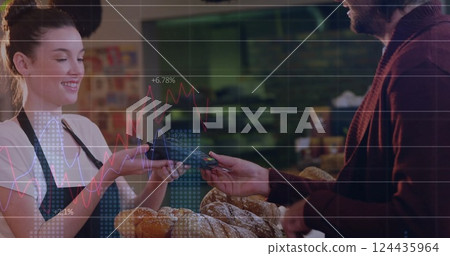 Image of financial data processing over diverse people paying with smartphone Image of financial data processing over diverse people paying with smartphone 124435964