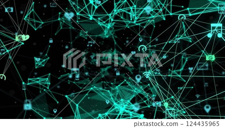 Image of network of connections with icons over shapes 124435965
