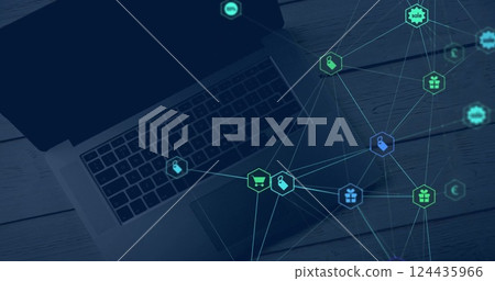 Image of network of connections with icons over laptop Image of network of connections with icons over laptop 124435966