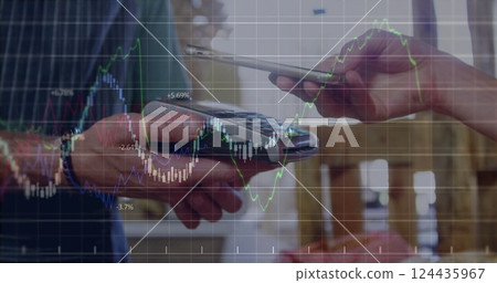 Image of financial data processing over diverse people paying with smartphone Image of financial data processing over diverse people paying with smartphone 124435967