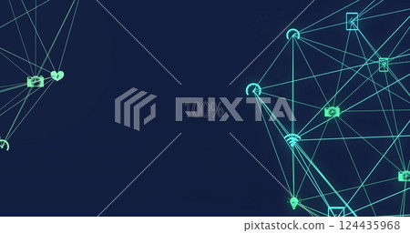 Image of network of connections with icons over 100 percents with circle 124435968