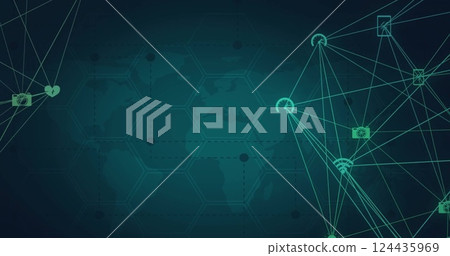 Image of network of connections with icons over world map 124435969