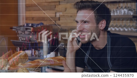 Image of financial data processing over caucasian man using smartphone Image of financial data processing over caucasian man using smartphone 124435970