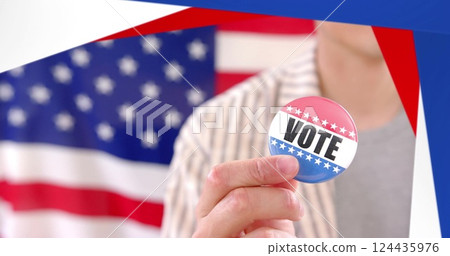 Image of caucasian man holding badge with vote text over flag of usa Image of caucasian man holding badge with vote text over flag of usa 124435976