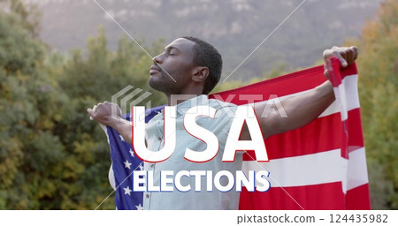 Image of usa elections text over african american man holding flag of usa Image of usa elections text over african american man holding flag of usa 124435982