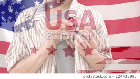 Image of stars and usa election text over caucasian man with badge with vote text Image of stars and usa election text over caucasian man with badge with vote text 124435983