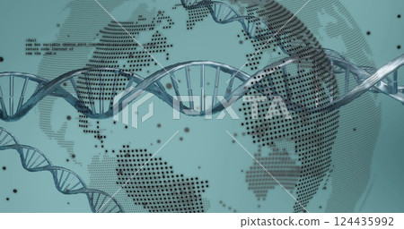 Image of dna strand, scientific data processing over globe spinning 124435992