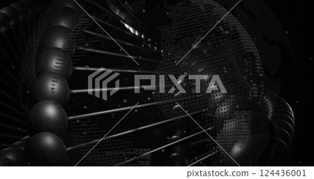 Image of dna strand, scientific data processing over globe spinning Image of dna strand, scientific data processing over globe spinning 124436001