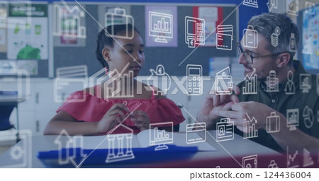Image of statistics and data processing over diverse schoolgirl and male teacher Image of statistics and data processing over diverse schoolgirl and male teacher 124436004