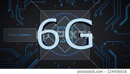 Image of 6g text, digital data processing over computer circuit board 124436016