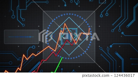 Image of digital data processing over computer circuit board 124436017