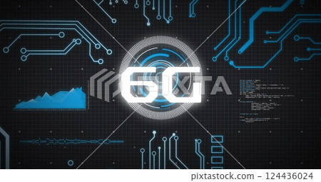Image of 6g text, digital data processing over computer circuit board 124436024