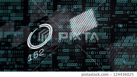 Image of data processing and binary coding over globe on black background 124436025
