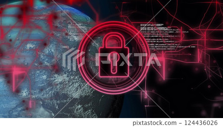 Image of data processing and globe over padlock on black background 124436026