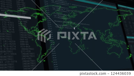 Image of data processing and world map over black background Image of data processing and world map over black background 124436039