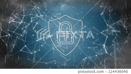 Image of shapes and padlock in shield over storm Image of shapes and padlock in shield over storm 124436040