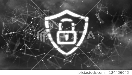 Image of shapes and padlock in shield over storm 124436043