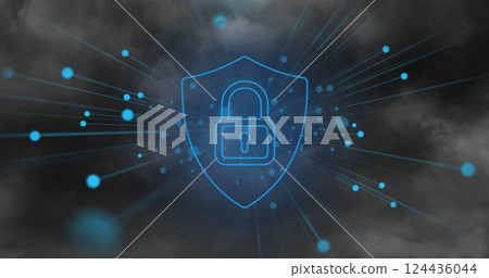 Image of spots and padlock in shield over storm Image of spots and padlock in shield over storm 124436044