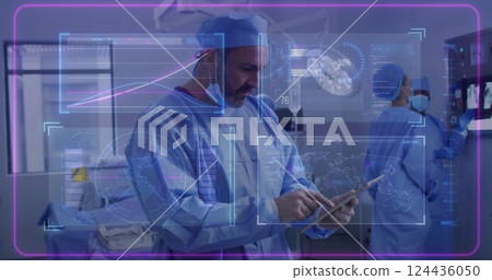 Image of data processing and world map over diverse surgeons wearing face masks and using tablet Image of data processing and world map over diverse surgeons wearing face masks and using tablet 124436050