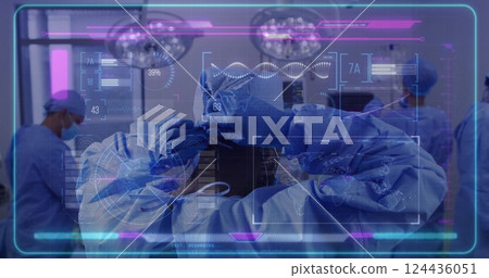 Image of data processing and dna strand over diverse surgeons wearing face masks 124436051
