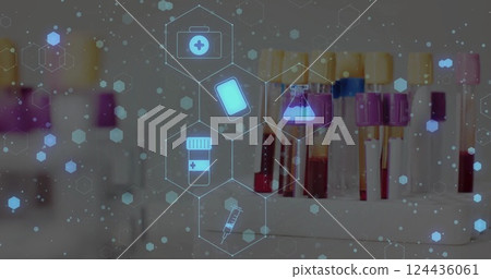 Image of medical icons over vials on white background Image of medical icons over vials on white background 124436061