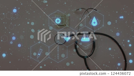 Image of medical icons over stethoscope on white background 124436072