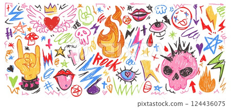 Colorful punk rock doodle set 124436075