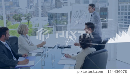 Business meeting with charts and graphs image over office setting Business meeting with charts and graphs image over office setting 124436078