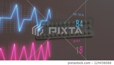 Image of data and cardiographs over pills 124436088
