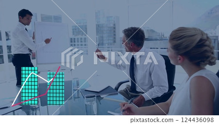 Business meeting with bar and line graphs over colleagues discussing presentation Business meeting with bar and line graphs over colleagues discussing presentation 124436098